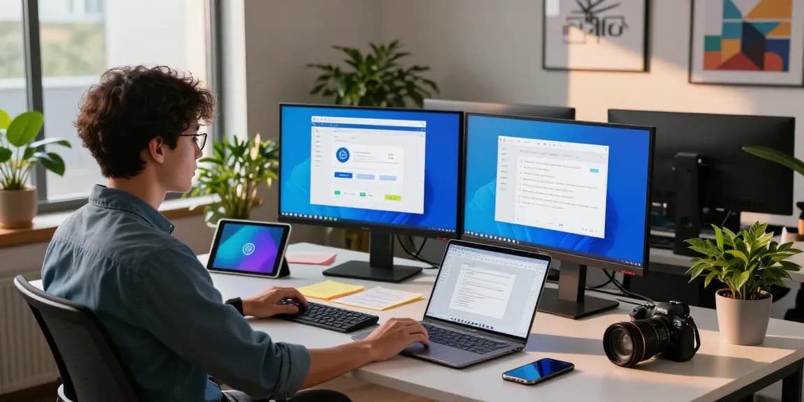 WPS Download interface displayed on dual monitors in a vibrant office workspace.