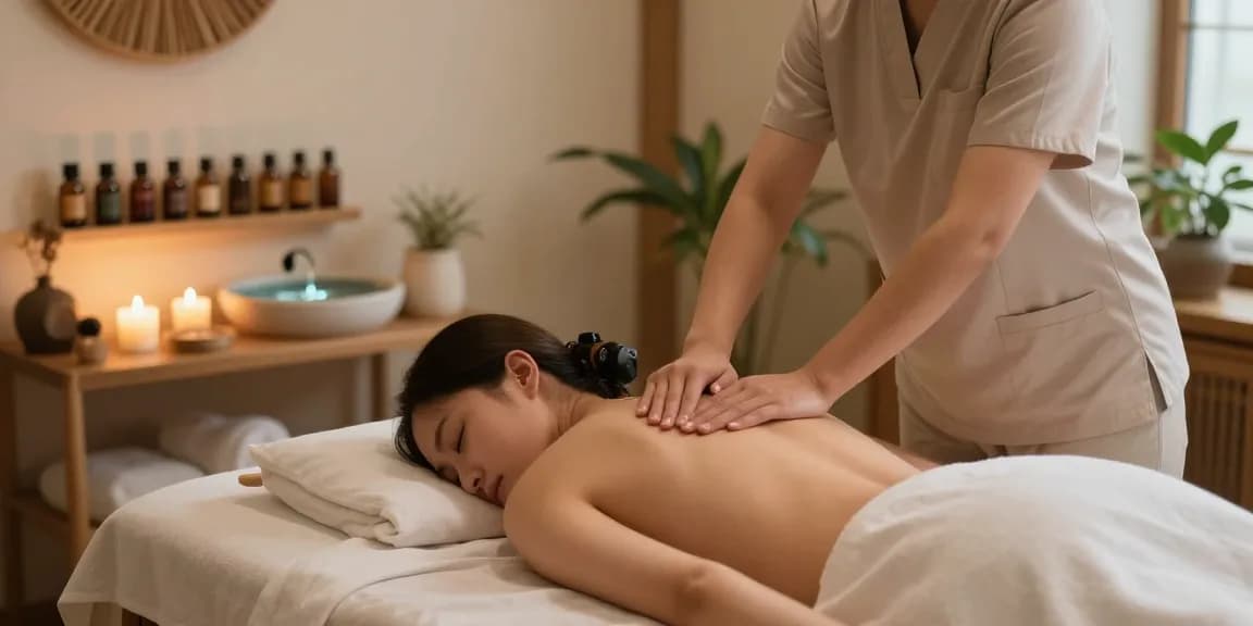 대구마사지 편안한 마사지 스튜디오에서 고객을 위한 아로마 캔들, 마사지 테이블, 편안한 조명과 함께 한 모습