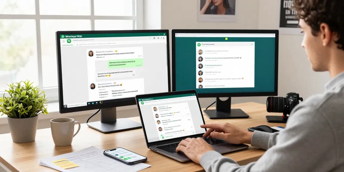 Individual using WhatsApp網頁版 in a vibrant home office while engaged in a digital call, showcasing connectivity.