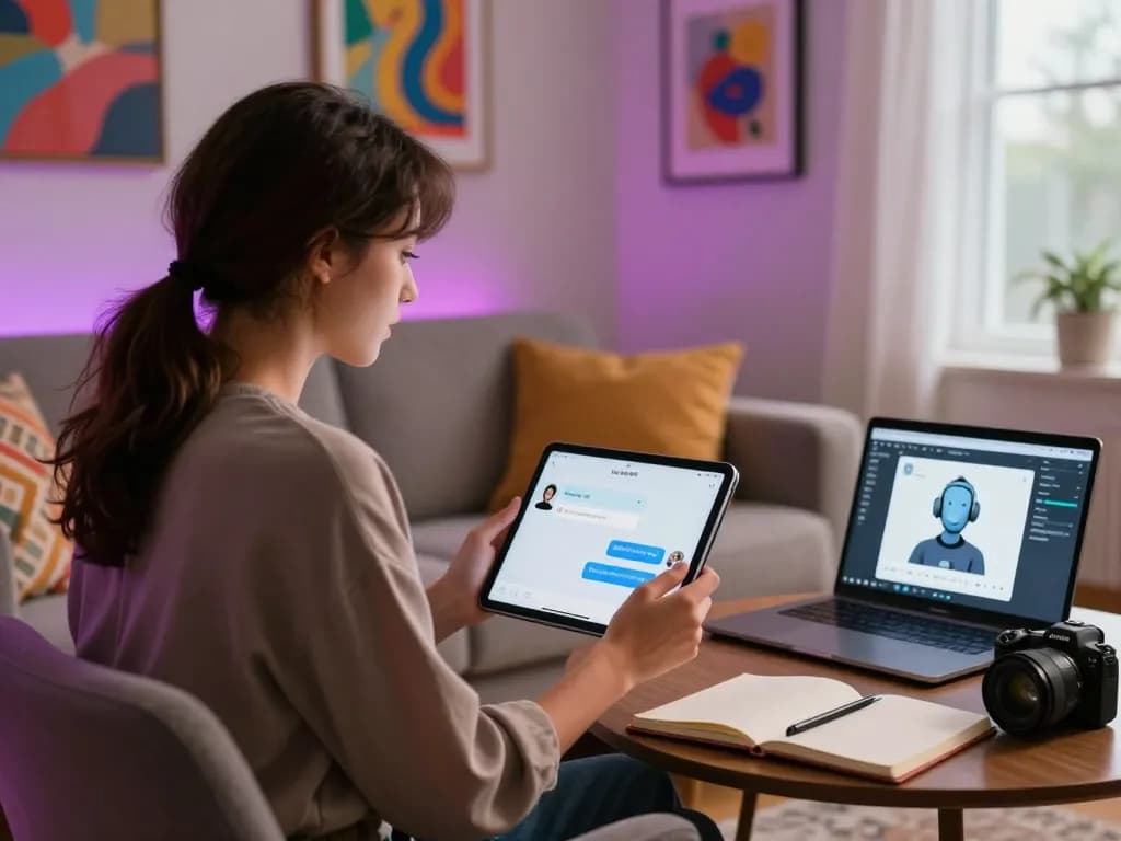 Engaging with an nsfw chat bot in a cozy home workspace setting, showcasing digital interaction.