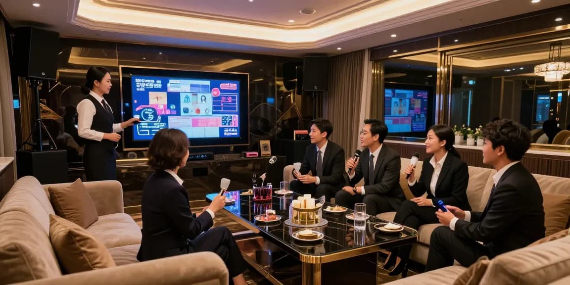 강남쩜오에서 고급스러운 라운지 분위기와 비즈니스 모임을 즐기는 장면
