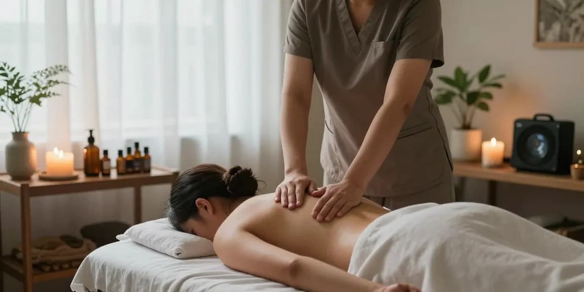 마사지 치료 중인 모습, 안정된 분위기의 테라피 룸에서 편안한 느낌을 연출합니다.