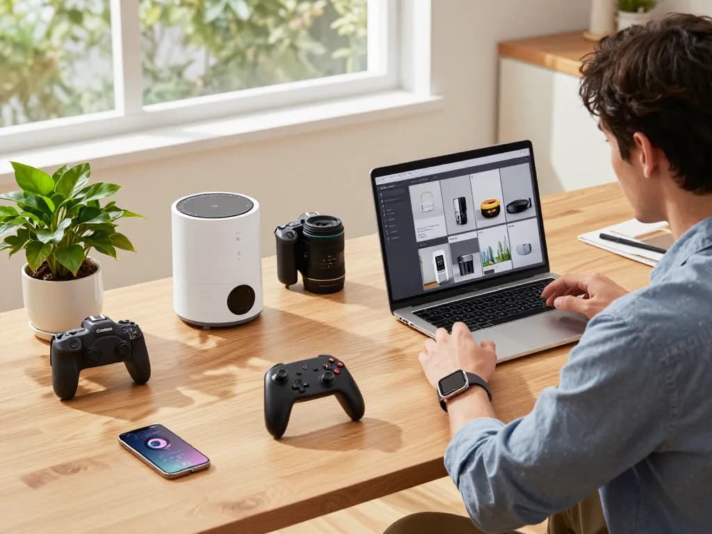 Engaged professional exploring trending tech gadgets in a bright, modern workspace.