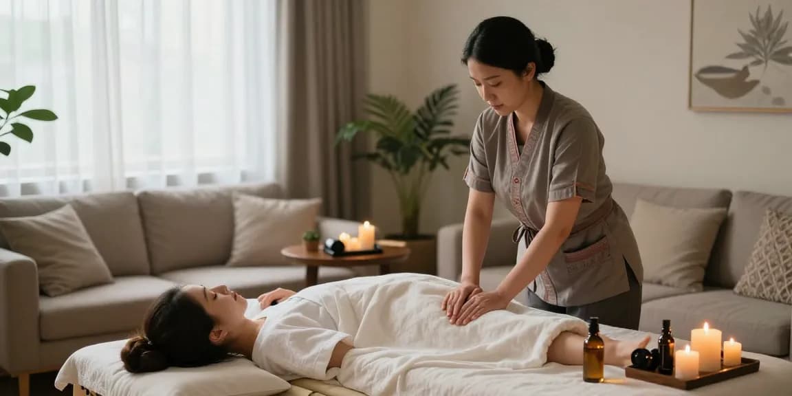 Serene in-home massage setup for 서울출장안마, featuring therapist, calming candles, and soft lighting.