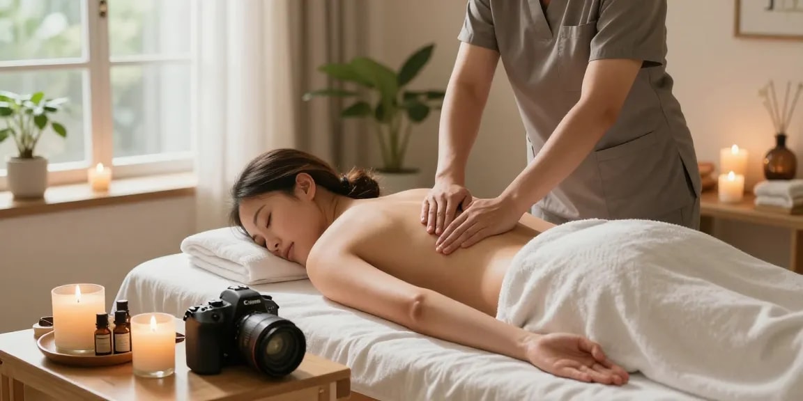 출장마사지 session in a calming home spa setting with candles and soft light