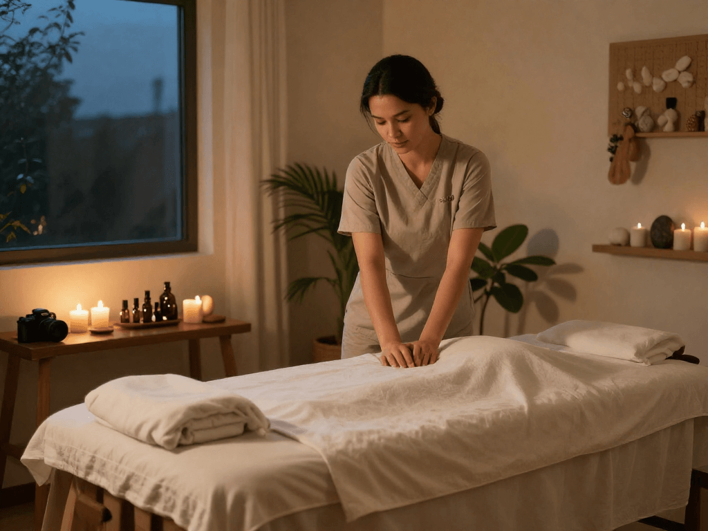 출장안마 session in a calming indoor massage room with warm lighting.