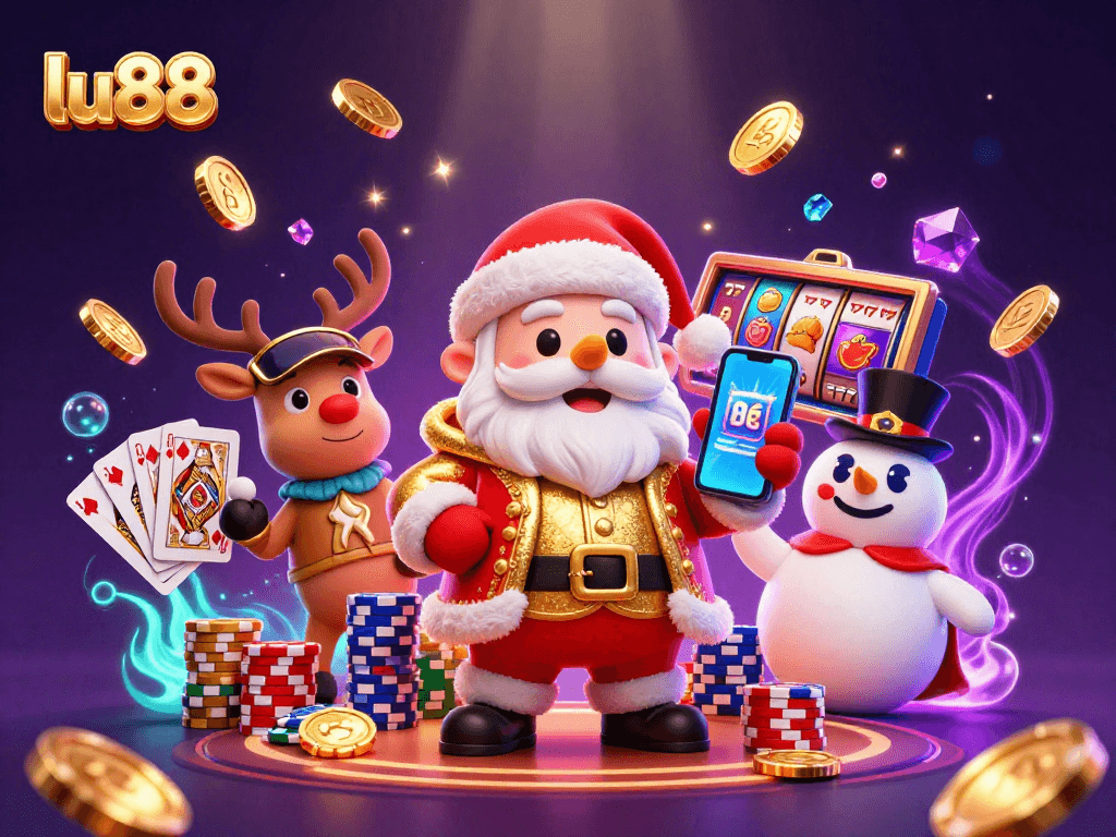 Win big with lu88 slots featuring a festive casino scene filled with characters and jackpot symbols.