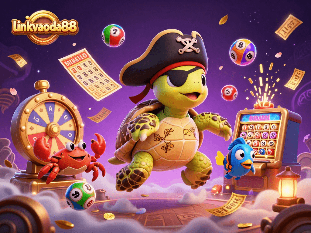 Engage with the thrilling world of linkvaoda88 as cartoon characters celebrate with lottery elements and vibrant casino visuals.