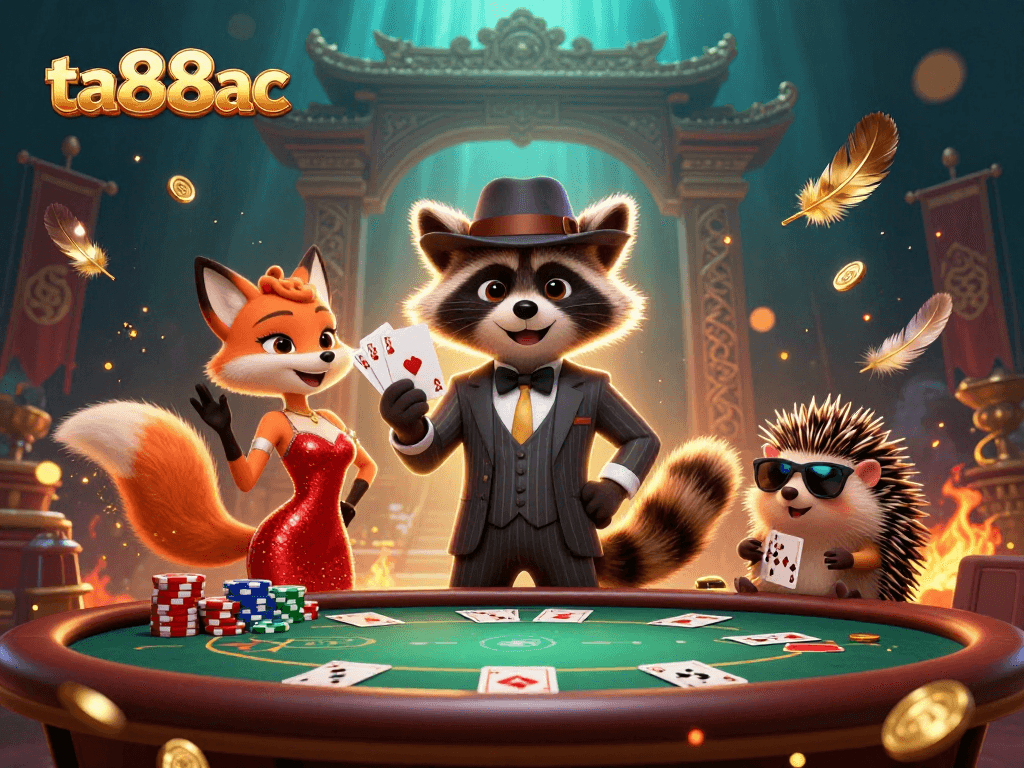 Experience ta88ac with our suave raccoon and charming fox in this vibrant casino scene.