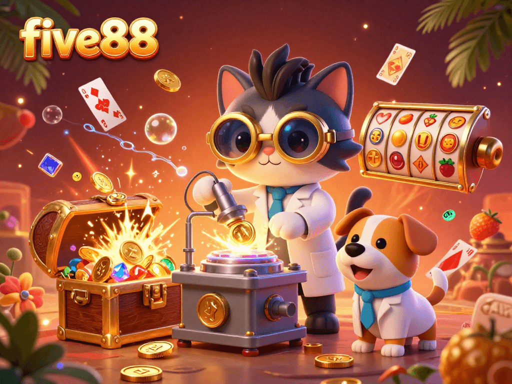 Win big with five88 in a vibrant animated casino illustration featuring dynamic game elements!