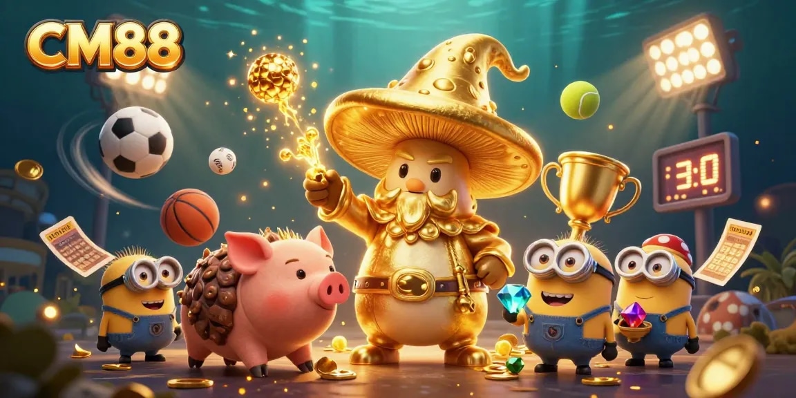 Experience CM88's vibrant gaming world with a magical golden mushroom wizard and exhilarating sports betting elements.
