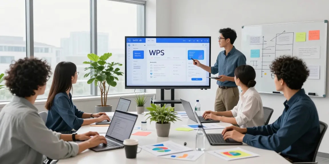 团队在现代办公室中协作，展示WPS下载网流程效率和生产力的AI工具。