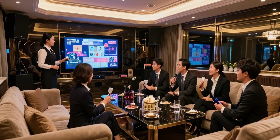 강남쩜오에서 고급스러운 라운지 분위기와 비즈니스 모임을 즐기는 장면