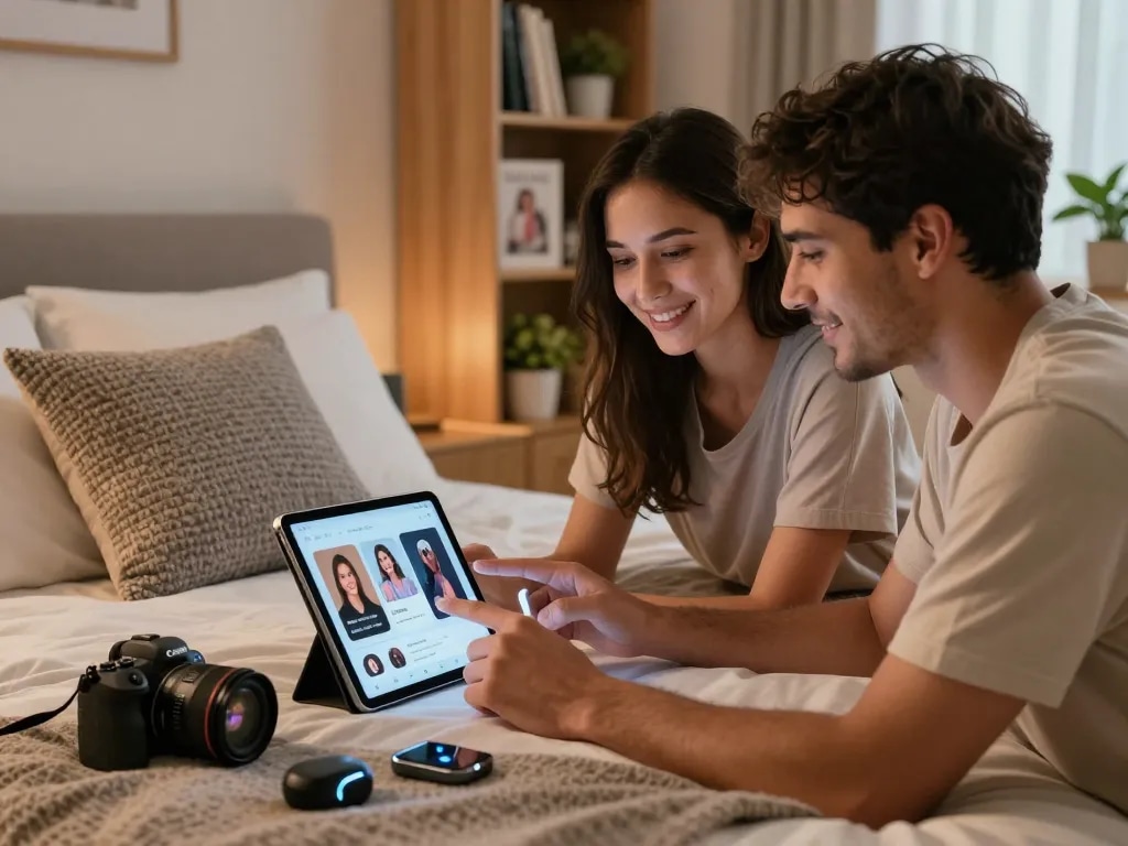 Couple engaging with AI sex tools in a modern relationship space, showcasing intimacy technology.