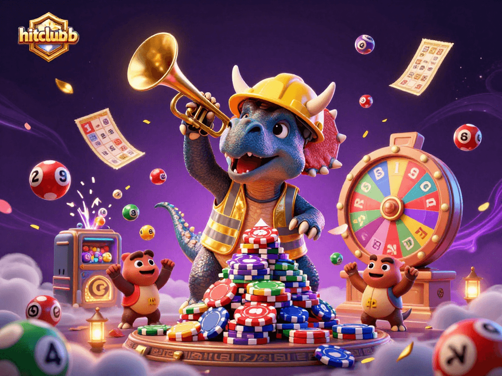 Experience the vibrant energy of hitclub368 with colorful gaming elements and celebrating characters.