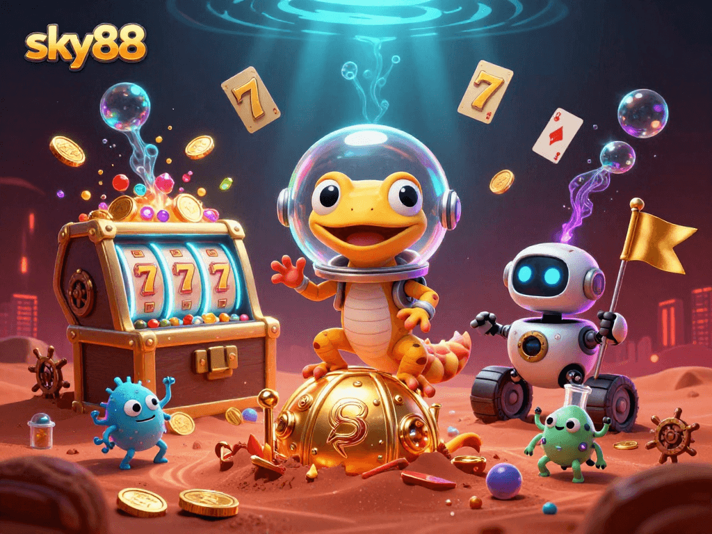 Experience the excitement of sky88 with a Martian gecko uncovering a hidden casino filled with treasures.