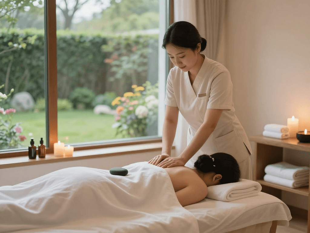 A tranquil spa scene demonstrating 화성출장안마 with a professional therapist providing a soothing massage in a serene massage room.