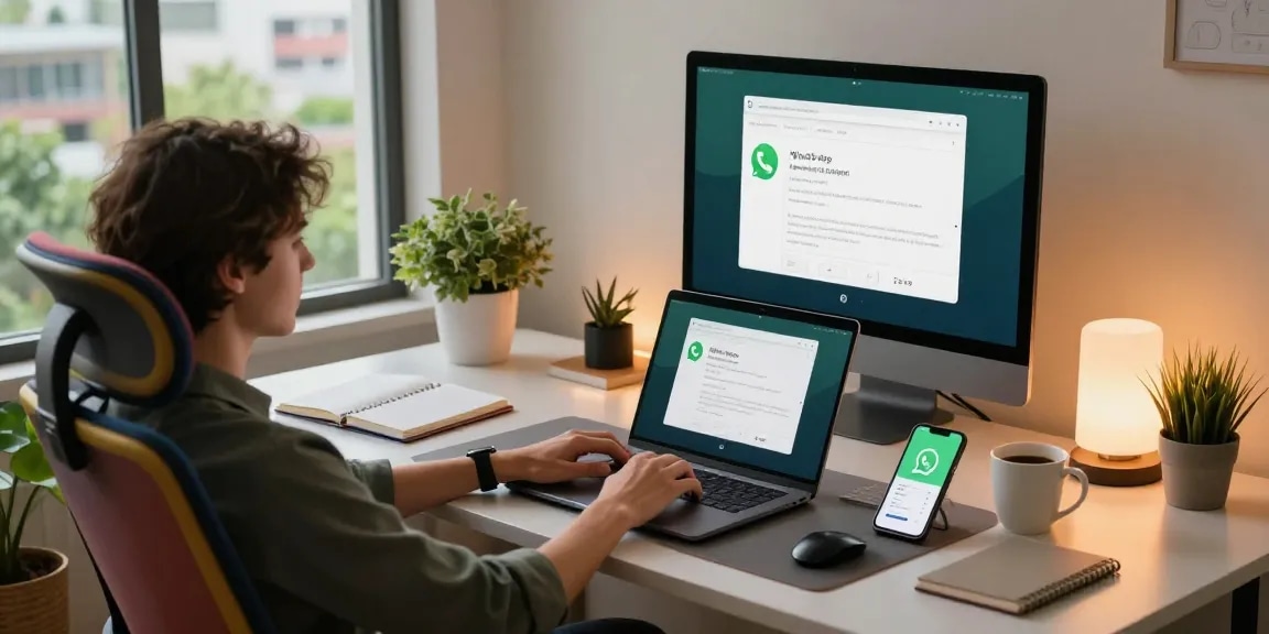 用户在现代舒适办公室的笔记本电脑上与WhatsApp Web互动
