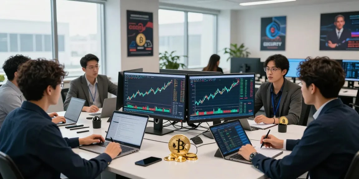 업투익스체인지 professionals engaged in cryptocurrency trading strategies at a modern office.