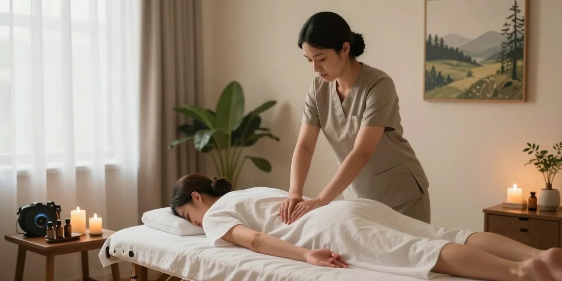 천안마사지를 받는 고객과 전문가의 평화로운 마사지 장면