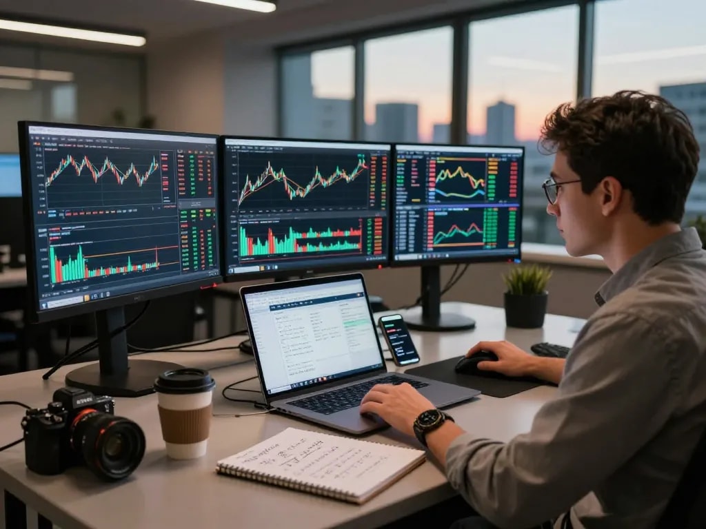 시장 동향 및 거래 데이터를 분석하는 트레이더가 있는 Upto Exchange 거래 플랫폼 장면.