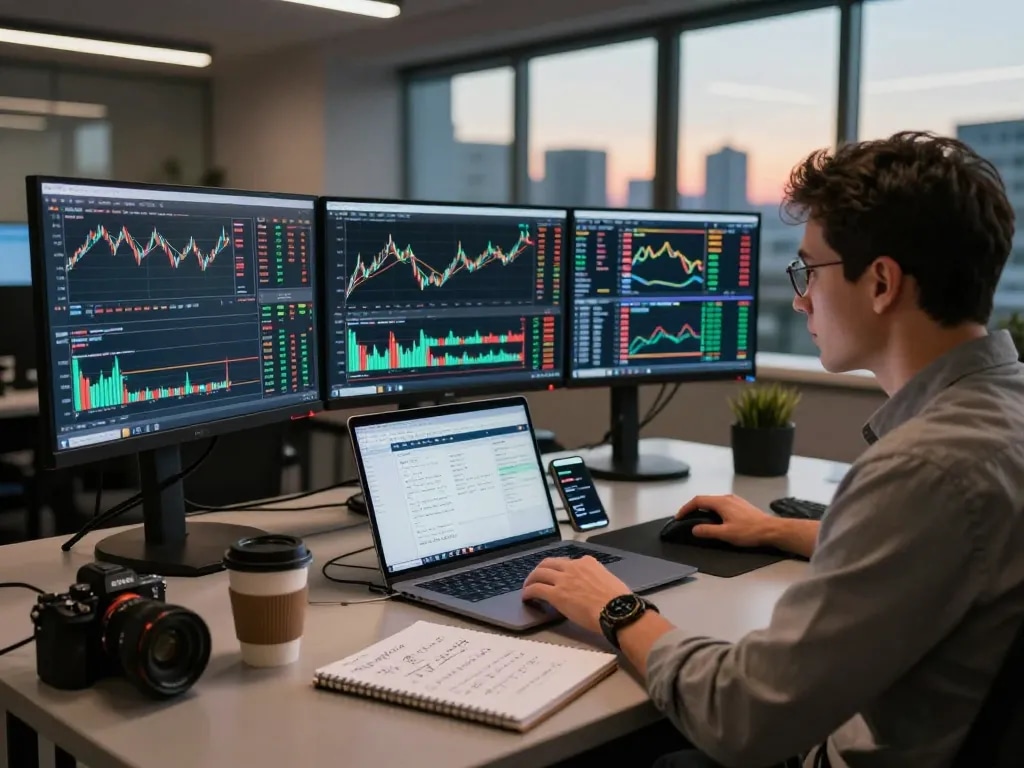 시장 동향 및 거래 데이터를 분석하는 트레이더가 있는 Upto Exchange 거래 플랫폼 장면.