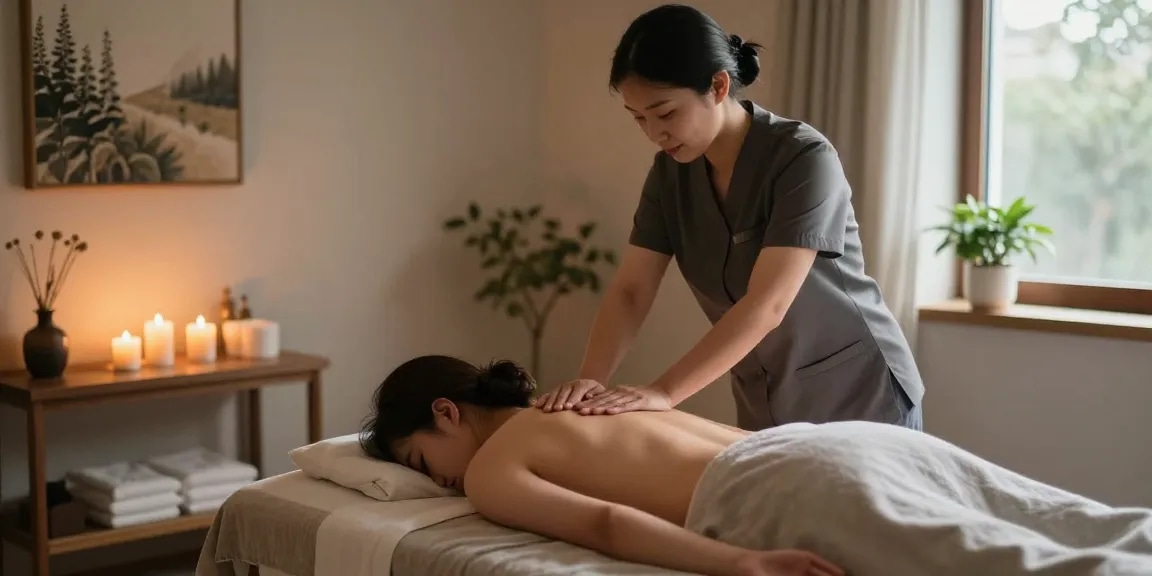 1인샵에서 스웨디시 마사지를 받는 고객, 편안한 치료실의 아늑한 분위기