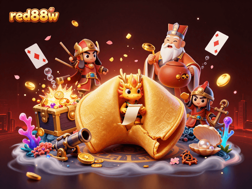 Experience unmatched fun at red88w with a whimsical illustration showcasing luck, fortune, and exciting casino vibes.