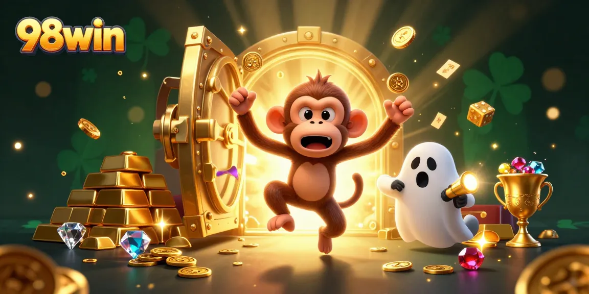 Engage in thrilling adventures with 98win, featuring a whimsical poltergeist monkey and ghost-hunter puppy!