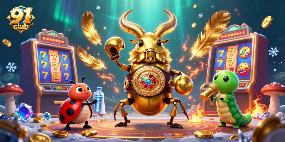 Engage with 91 club in this exciting scene featuring a golden stag beetle in a casino boxing match.