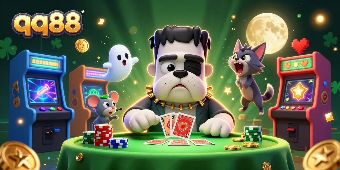 qq88 players enjoy card games with Frankenstein bulldog dealer in a lively casino setting.