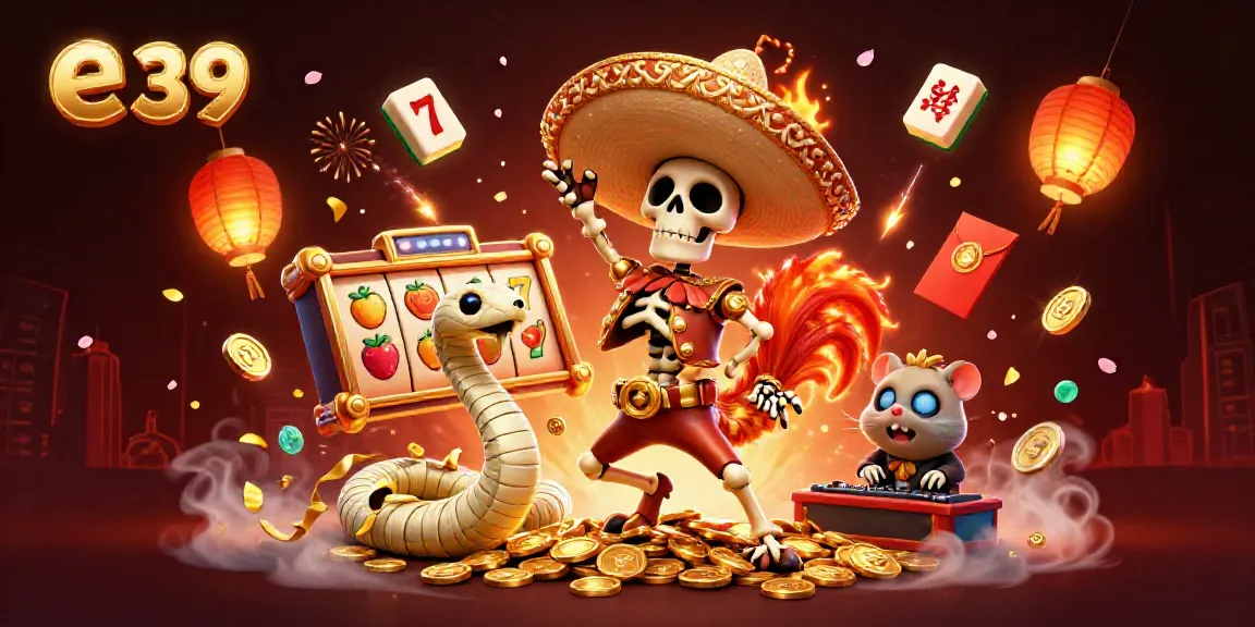 Experience the excitement of e 39 with a dynamic scene of animated characters celebrating winnings surrounded by casino elements.