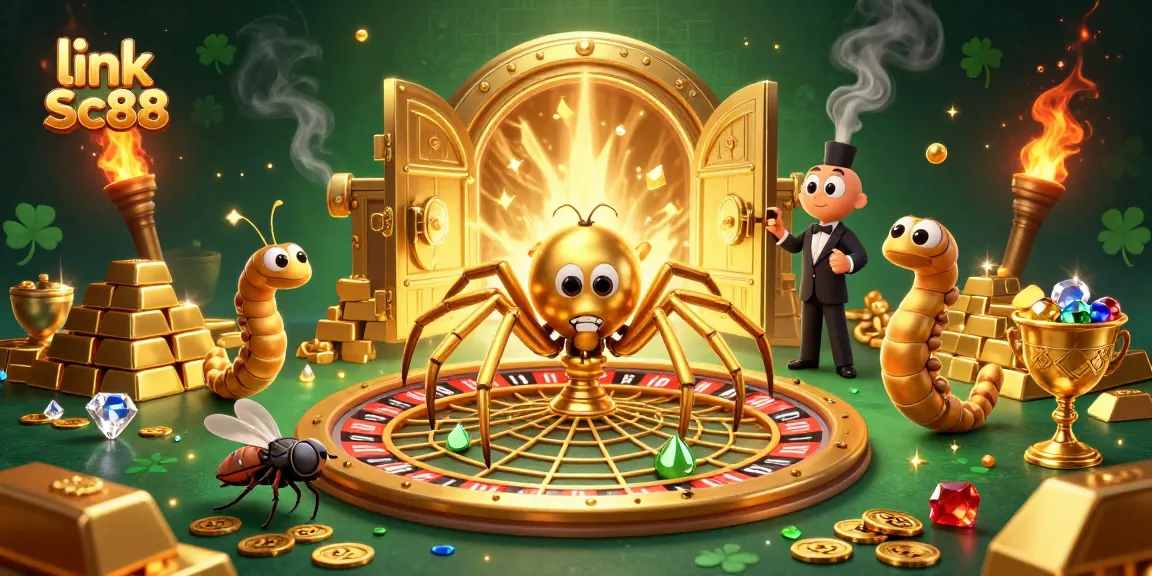 Engage with thrilling bets at link Sc88, where a spider and croupier spin luck in a vibrant scene.