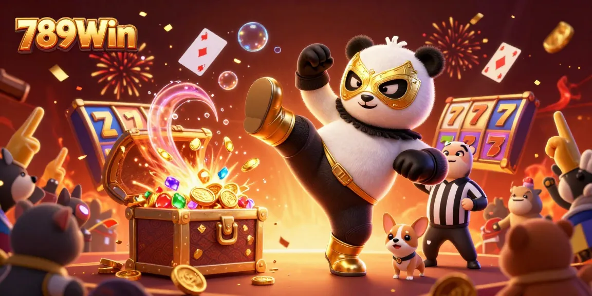 Experience the excitement of 789Win with a wrestling panda and fun slots in an energetic casino scene.