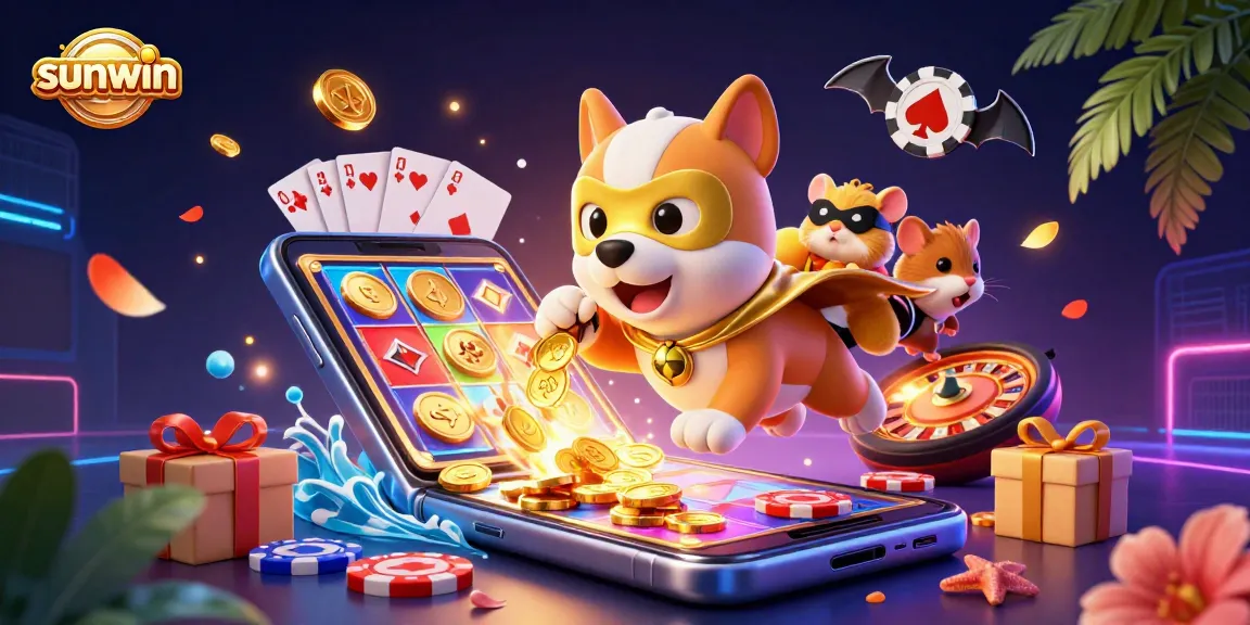 Experience sunwin's exciting gaming world with a 3D superhero dog and casino elements in an engaging illustration.
