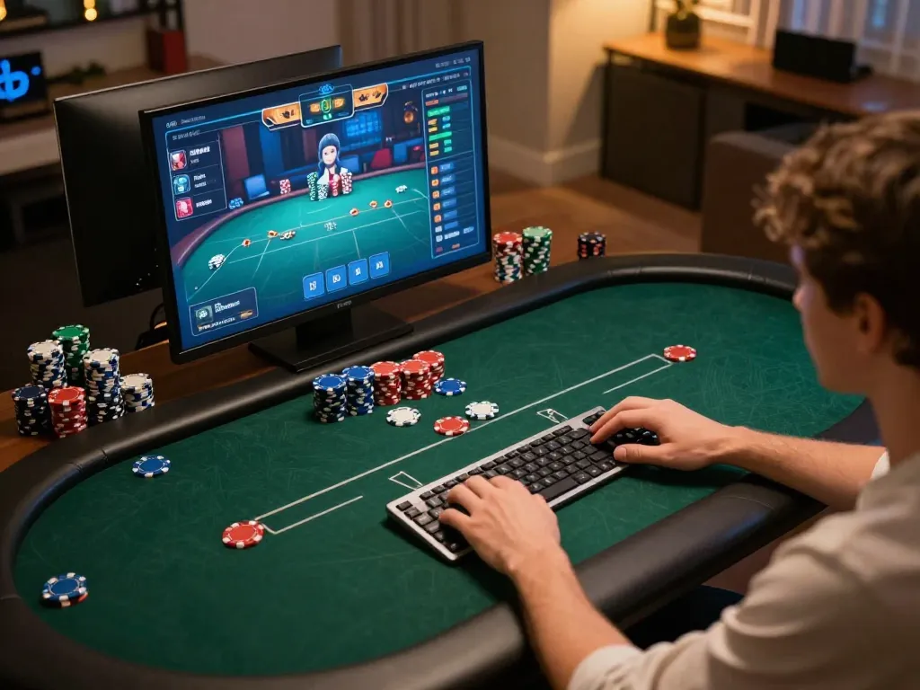 Player strategizing in online poker game at home with xx88 interface visible