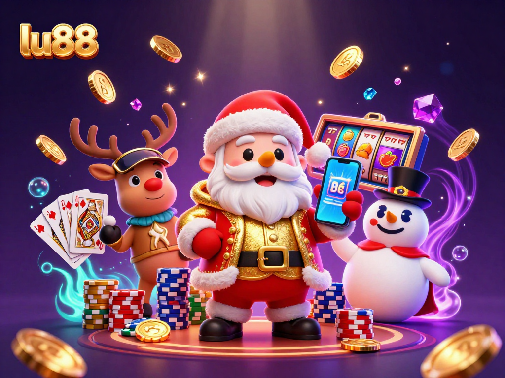 Win big with lu88 slots featuring a festive casino scene filled with characters and jackpot symbols.
