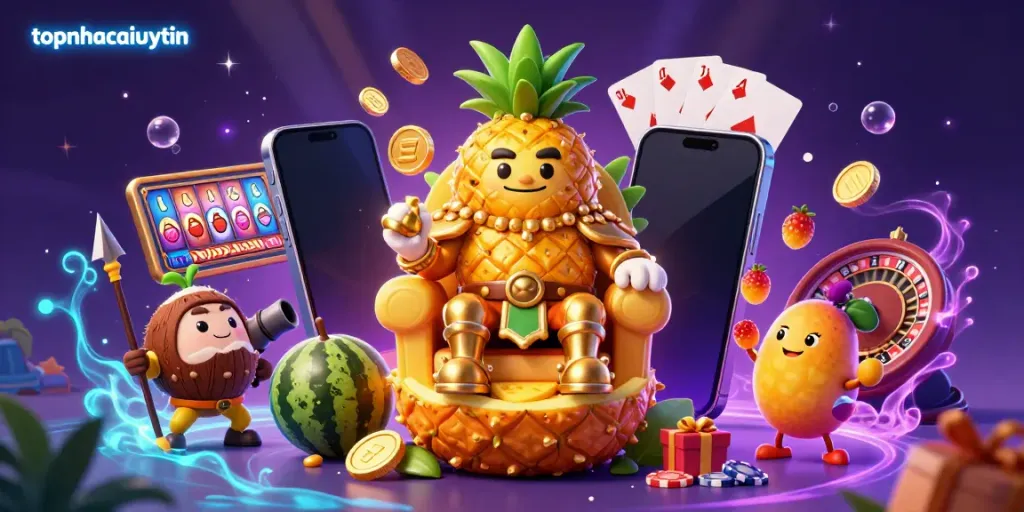 Experience the excitement of topnhacaiuytin with vibrant casino-themed characters and game elements in a lively scene.