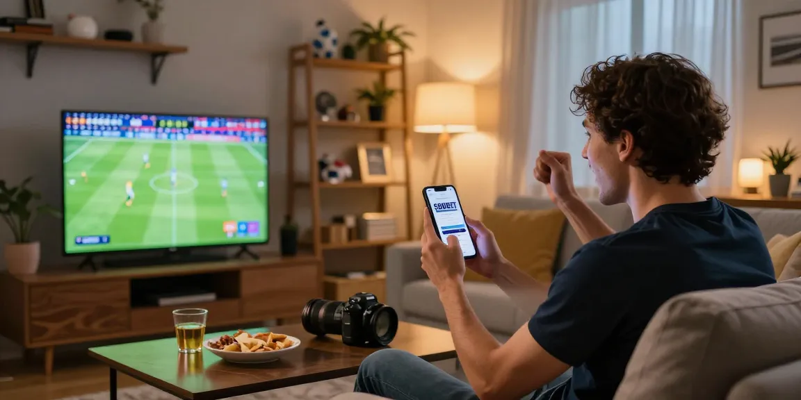 A sports fan celebrating live soccer matches with sbobet login on smartphone.