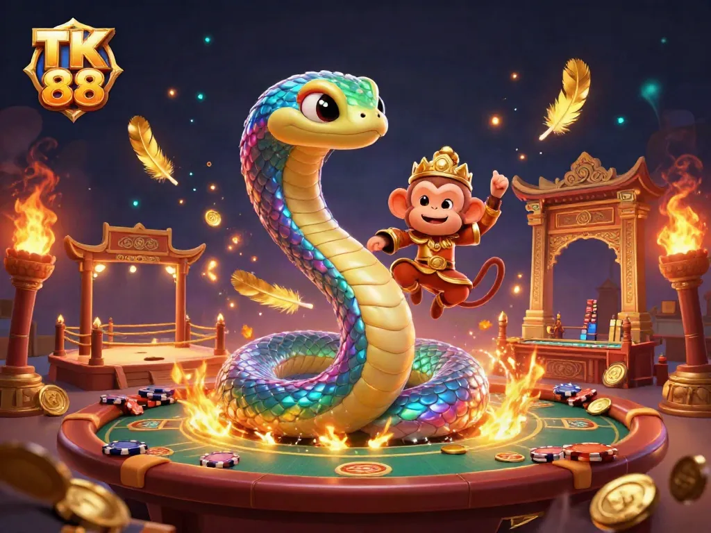 Bet big with TK 88: Dynamic scene showcasing a colorful casino atmosphere with a rainbow serpent and vibrant animations.