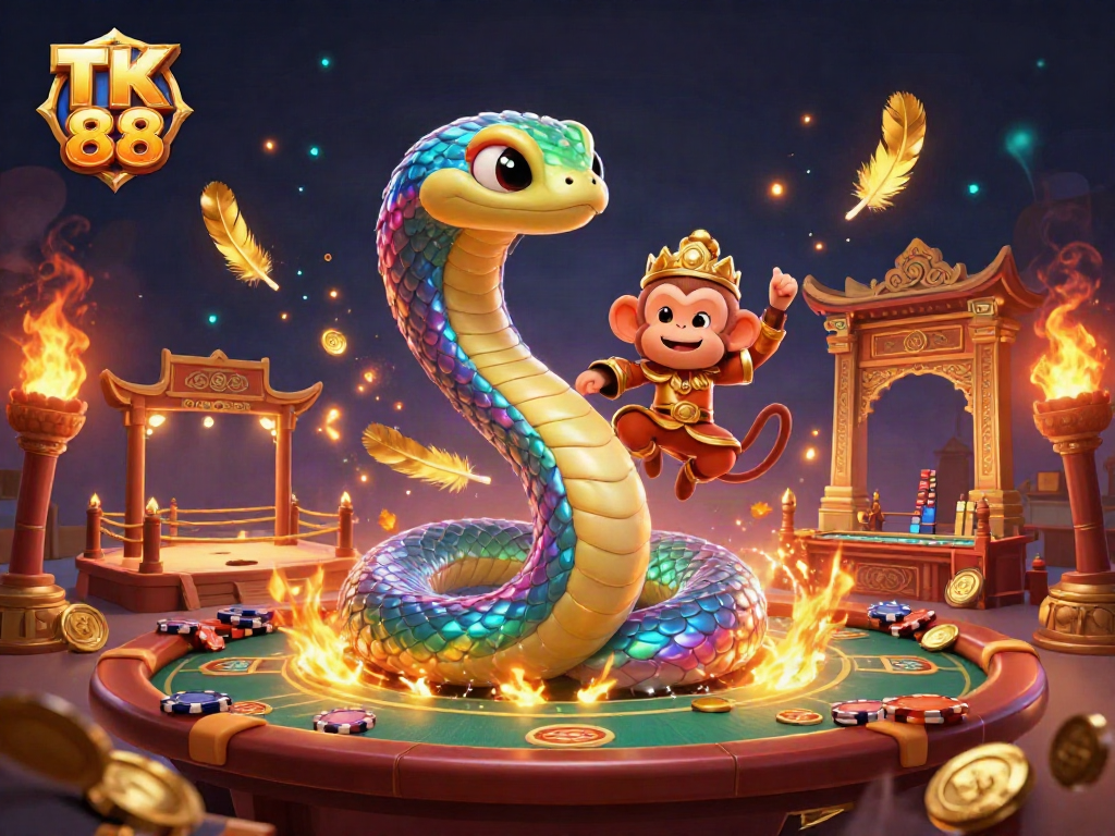 Bet big with TK 88: Dynamic scene showcasing a colorful casino atmosphere with a rainbow serpent and vibrant animations.