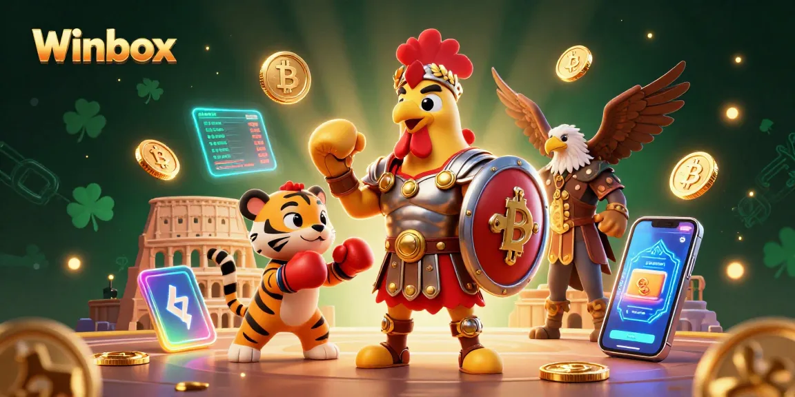Winbox entertaining scene with a gladiator rooster and tiger cub surrounded by cryptocurrency elements and casino excitement.