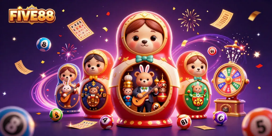 Experience excitement with FIVE88’s vibrant casino-themed 3D illustration featuring festive elements.