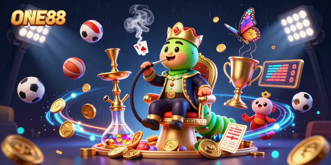 ONE88 sports betting visual featuring a whimsical caterpillar hookah-master and vibrant game elements.