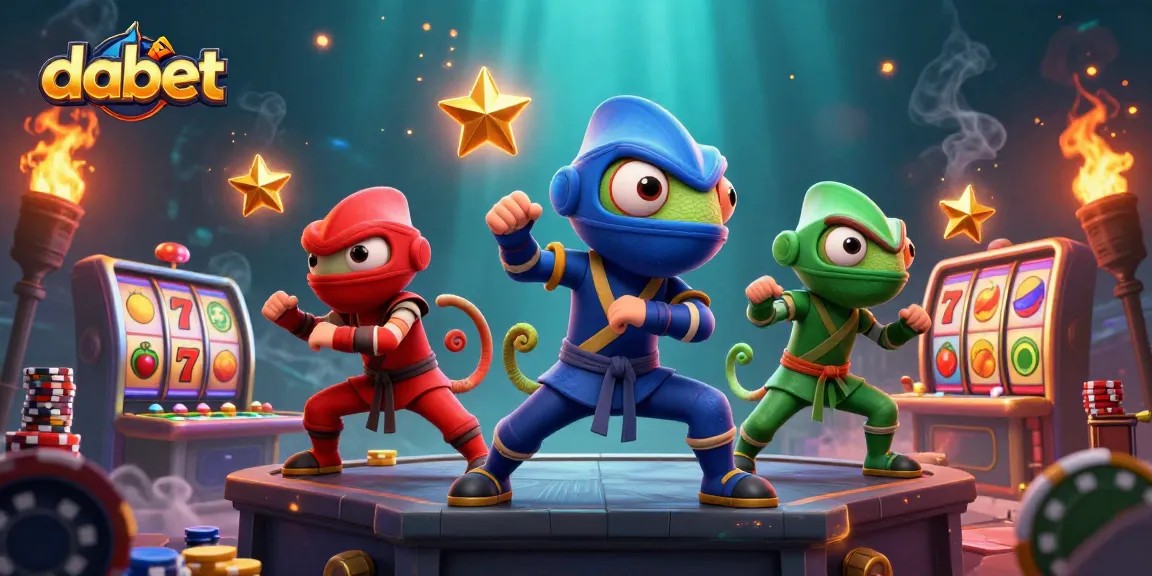 dabet showcases ninja chameleons in martial arts atop a vibrant casino scene with slot reels and glowing elements.