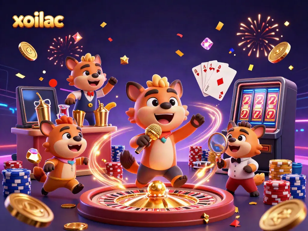 Experience the excitement at xoilac with hyena characters in a vibrant casino scene, showcasing games and lively interactions.