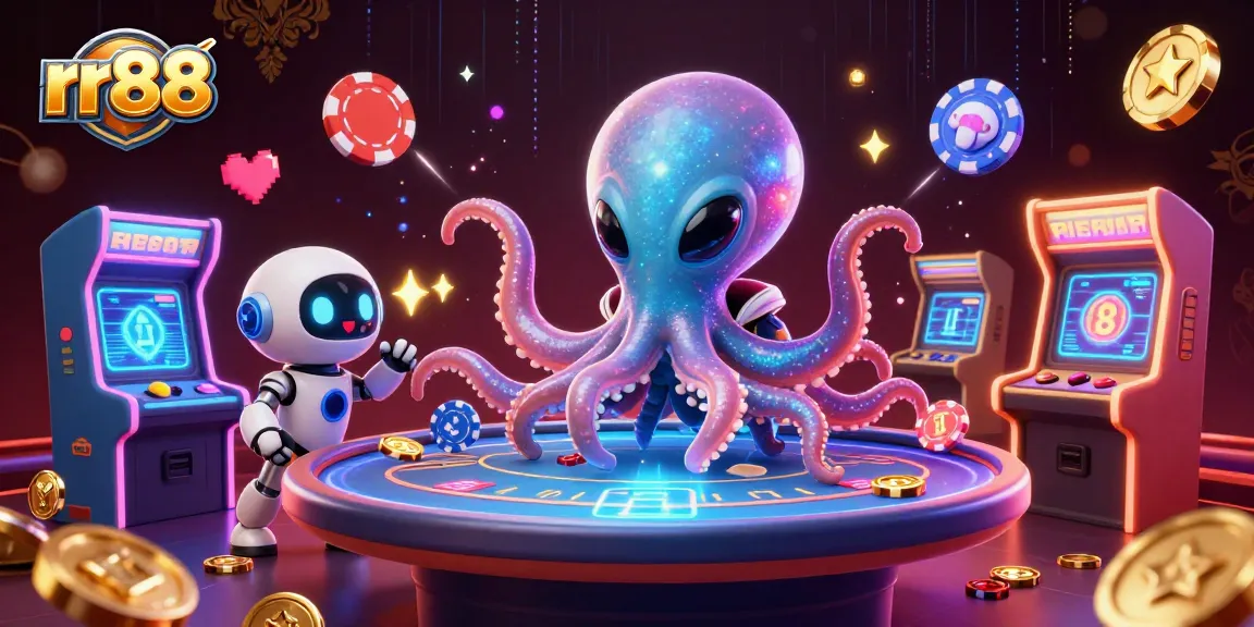 Experience thrilling gaming adventures with rr88 at the floating poker table in this vibrant 3D illustration.