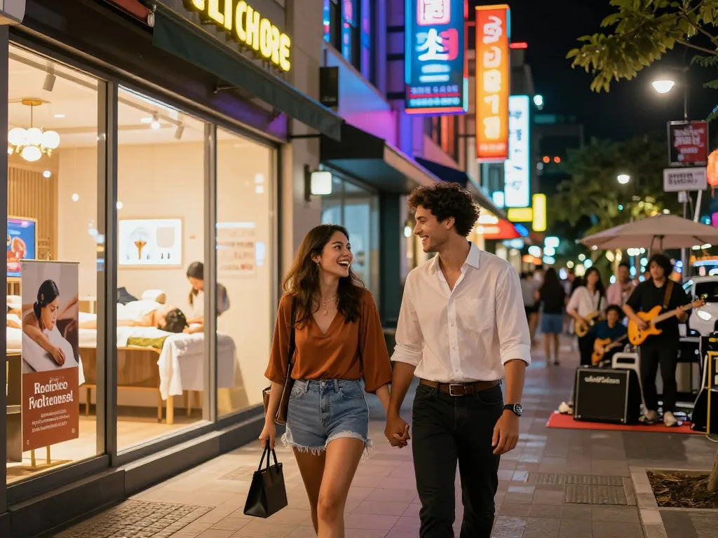 활기찬 엔터테인먼트 지구에서 오피스타 서비스를 강조하는 흥미로운 도시 야경 장면.