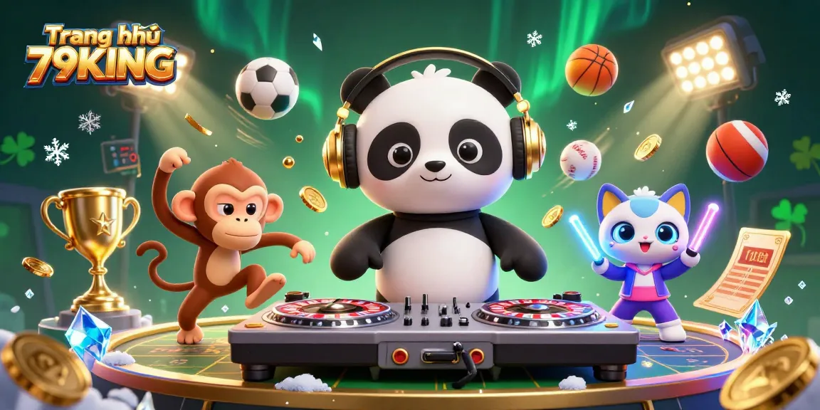 Engage with Trang chủ 79KING through vibrant 3D casino fun featuring a DJ panda, dancing monkey, and glow-stick kitten.