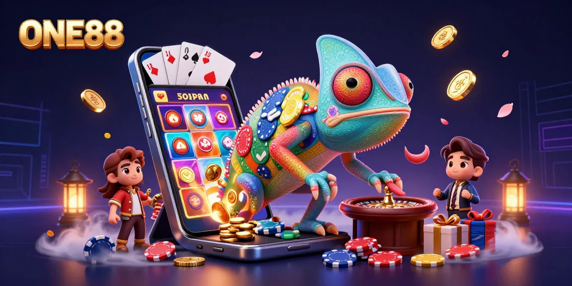 Engage with ONE88's vibrant casino scene featuring a chameleon, slots, and playful gaming elements.